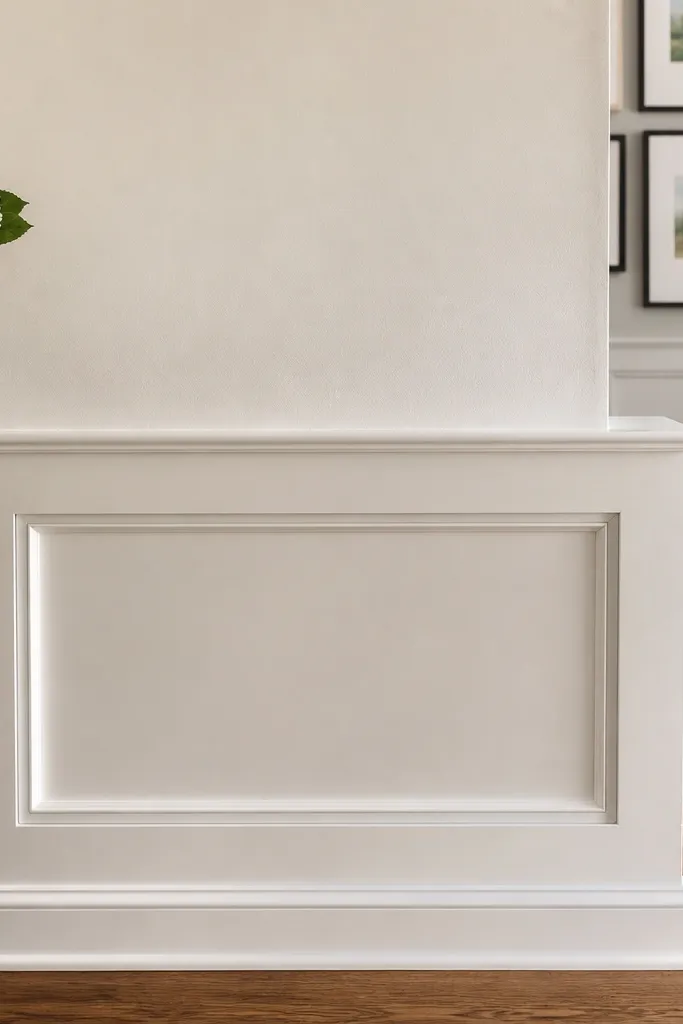 Half wall with two stacked framed rectangles made from white trim