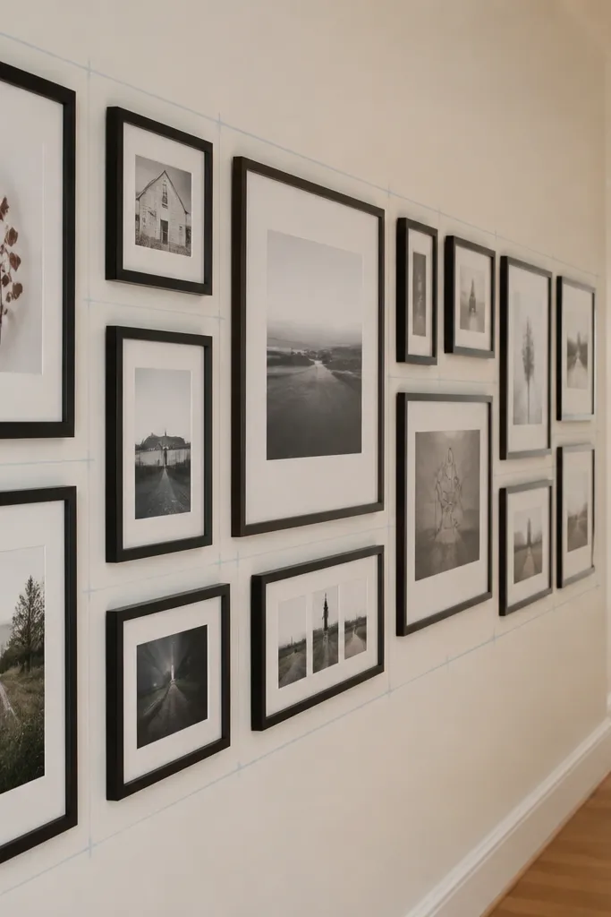 A taped hallway rectangle with six aligned frames spaced evenly