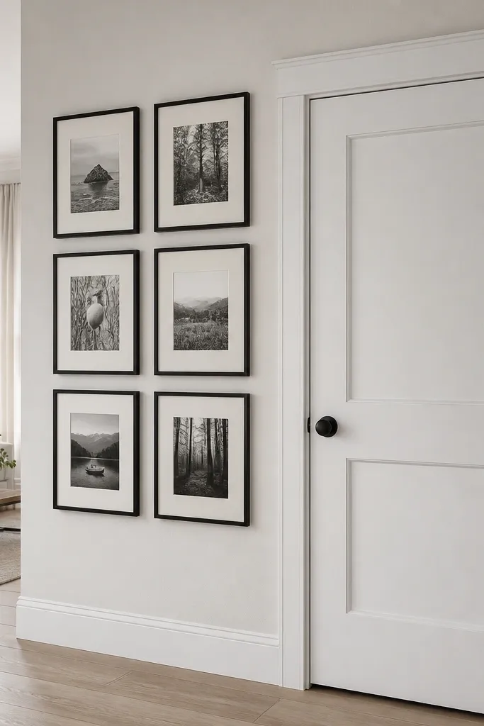Two columns of frames beside a door with clear tape boundaries