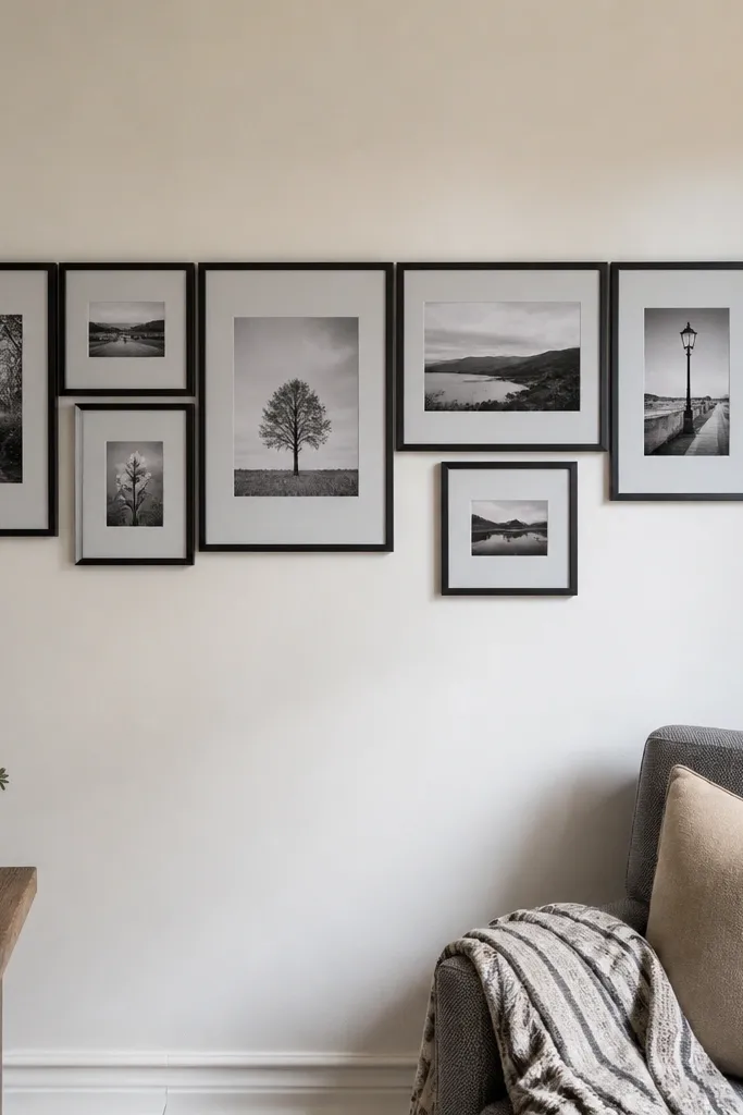 Staggered frames with their top edges aligned to a tape line