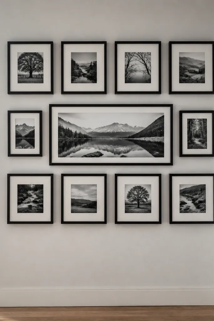 Mostly portrait frames with one wide landscape frame centered