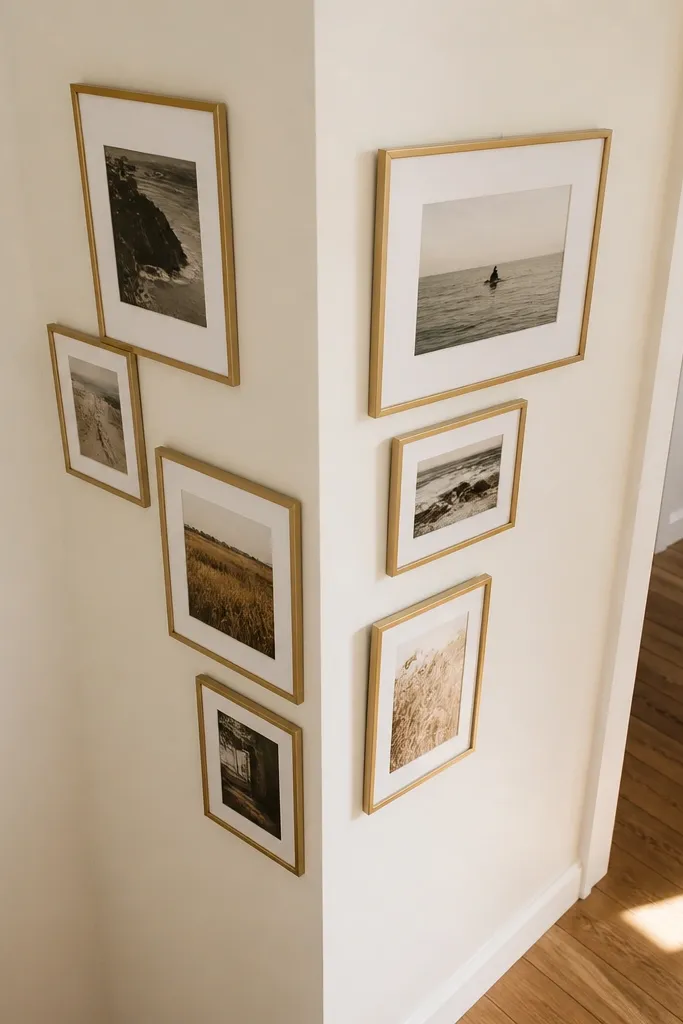 A diagonal cluster of frames near a hallway corner