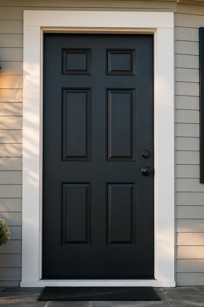 Dark front door with crisp white trim around the entry