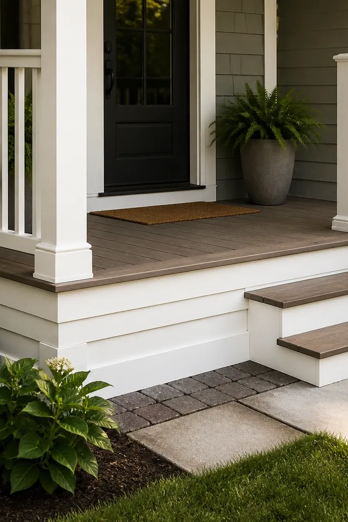 Porch skirt board with fresh trim lines and neat base edges