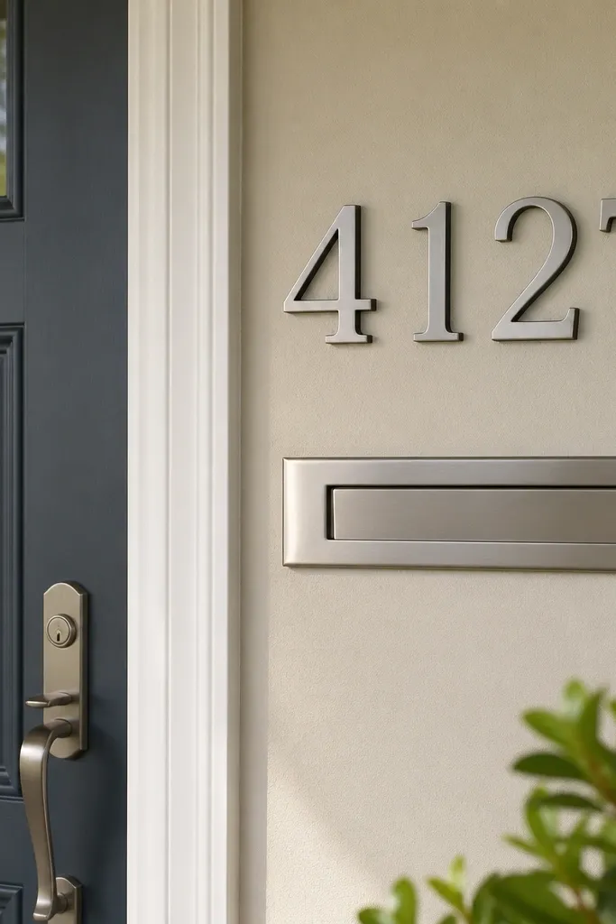 New house numbers and a neat mailbox area beside a front door