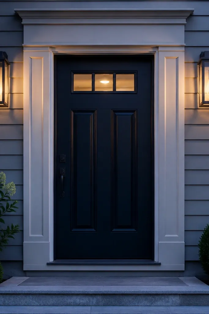 Matte black sconces flanking a front door with a clean walkway glow