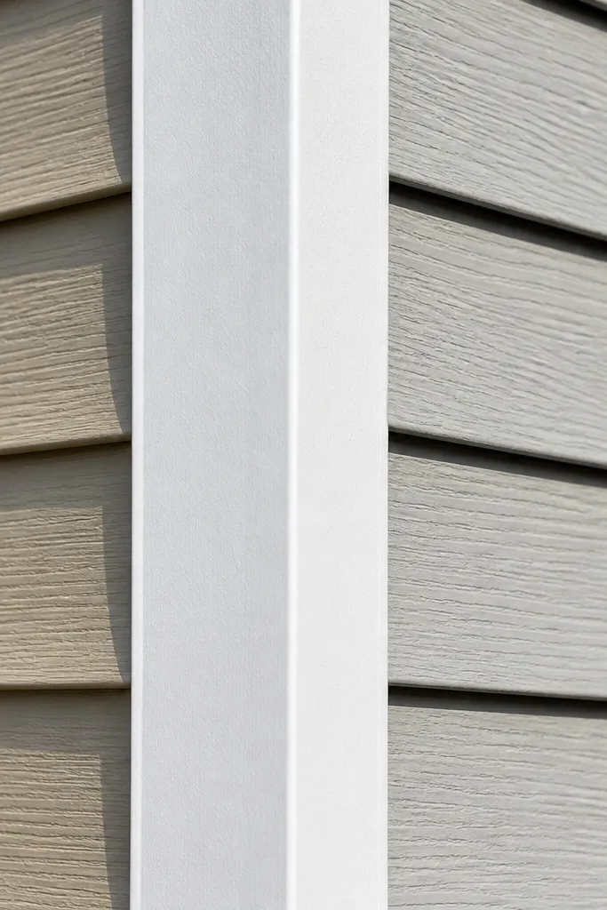 Clean white corner trim and straight siding edges on a modern facade