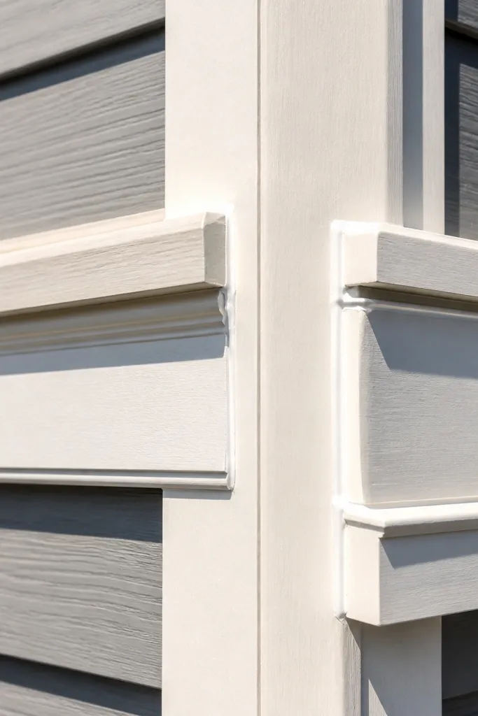 Fresh caulk lines between siding and trim with sharp, even edges