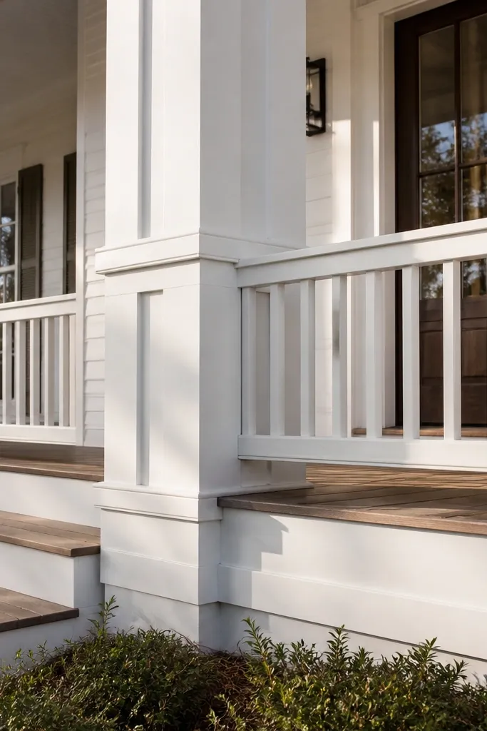Porch columns wrapped with clean covers and modern rail lines