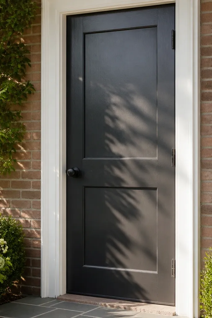 Charcoal door with white shaker trim and black house numbers