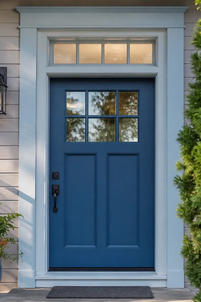 Blue door with lighter trim around the transom window