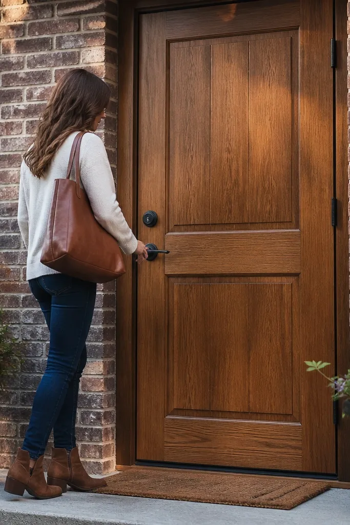 Stained wood door with black knob and matching deadbolt