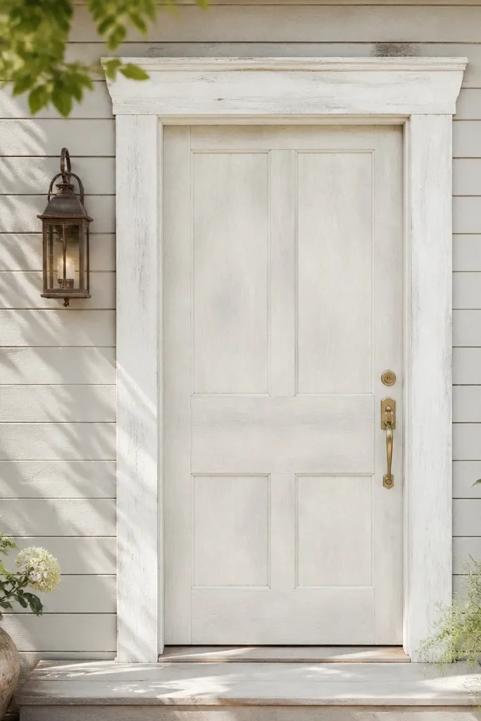 Light limewash door with whitewashed trim and simple brass numbers