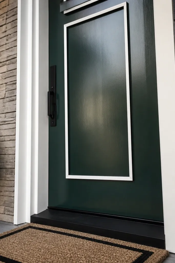 Green door with a white picture-frame trim border