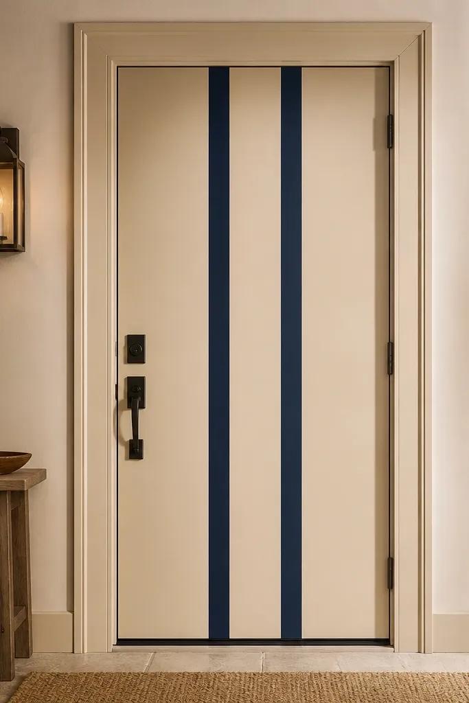 Beige door with two vertical black stripes and brass knob