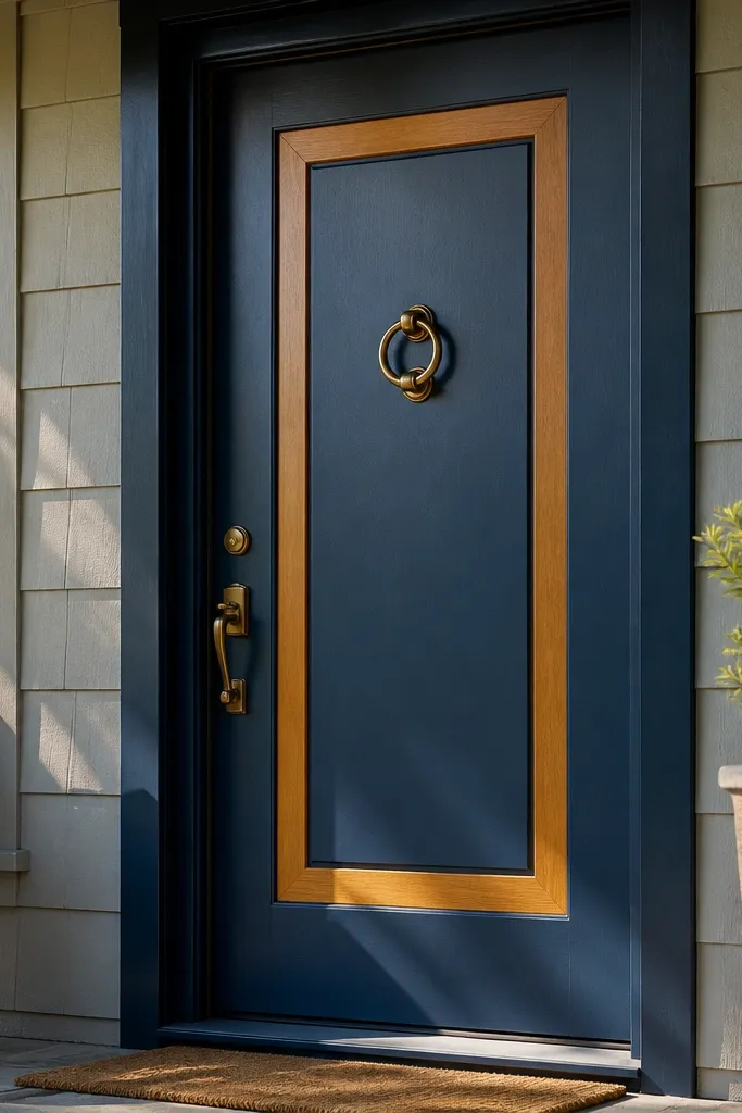 Deep blue door with warm oak trim border and black numbers