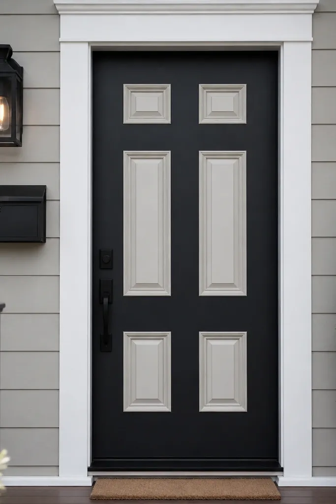 Matte black door with white faux rectangle panels