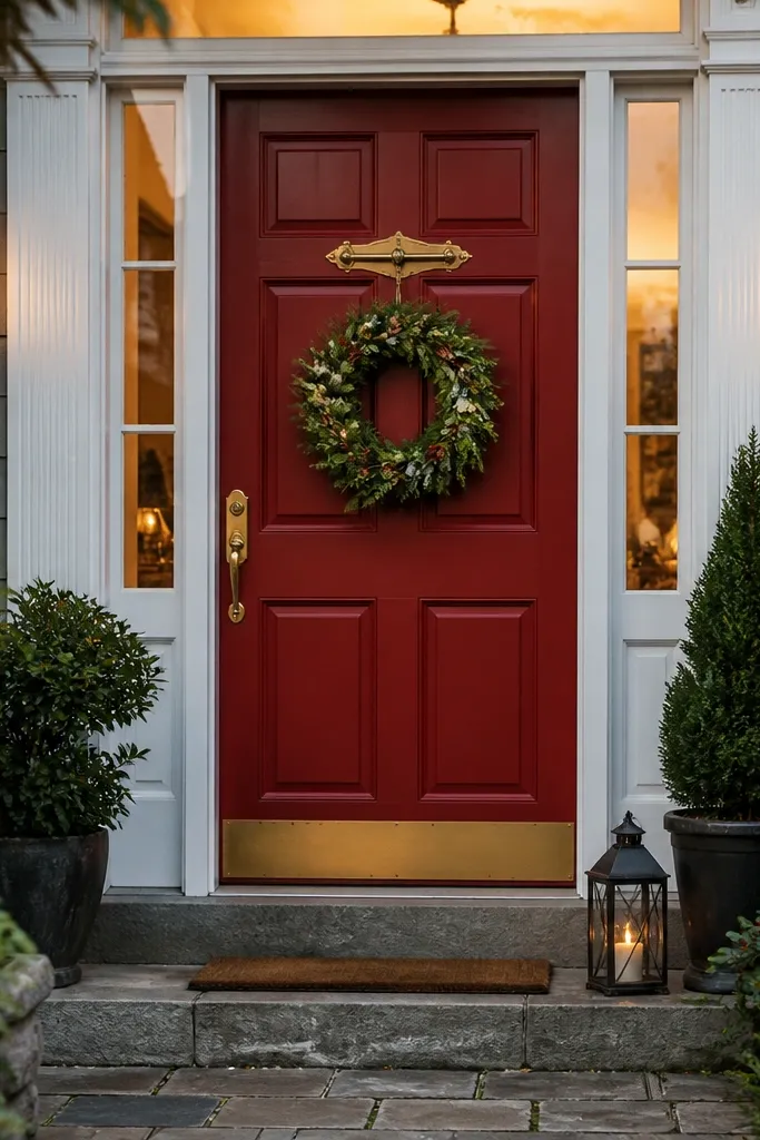 Classic red door with brass knob, deadbolt, and small rail near the top