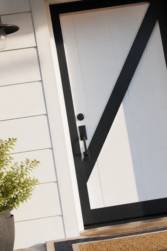 White door with a black diagonal trim brace and black numbers
