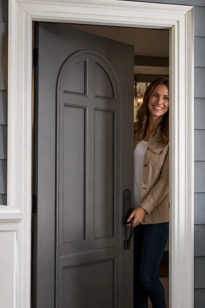 Door with an arched top panel made from trim and painted in cream