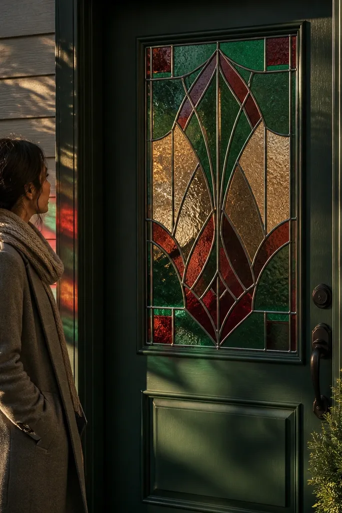Door with stained-glass film and a matching deep green paint