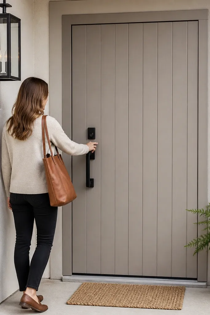 Door with vertical white slats and black hardware