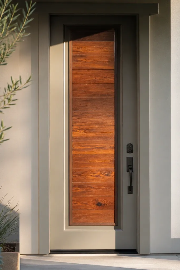 Door with a cedar plank center panel and black hardware