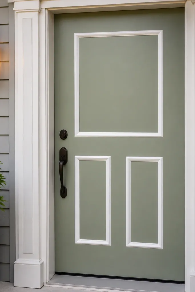 Matte sage door with white raised panel rectangles