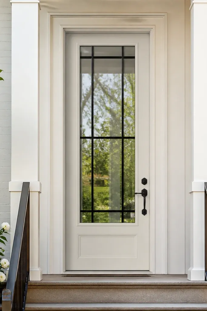 Door with black grid lines on glass and solid color door paint
