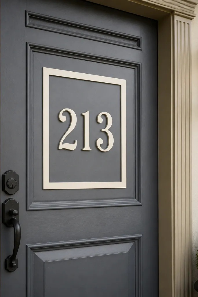 Door with a centered panel area and large house numbers mounted on it