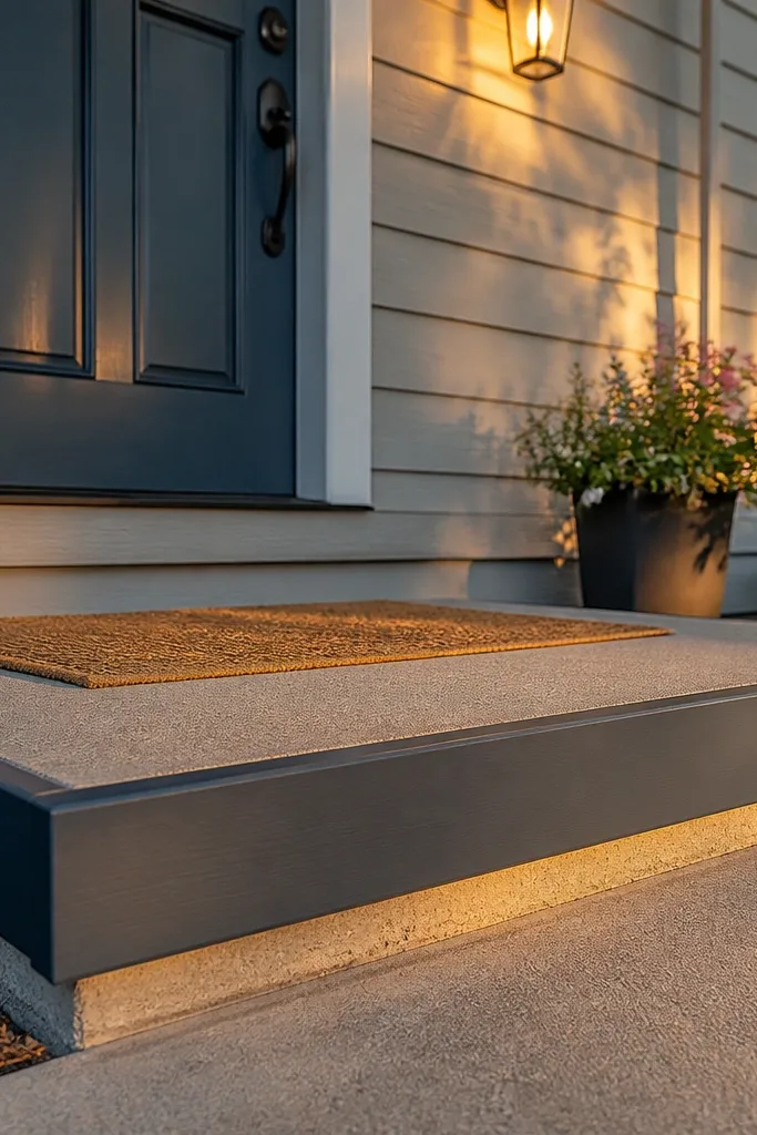 Porch step landing with matching trim and a door in a matching accent color