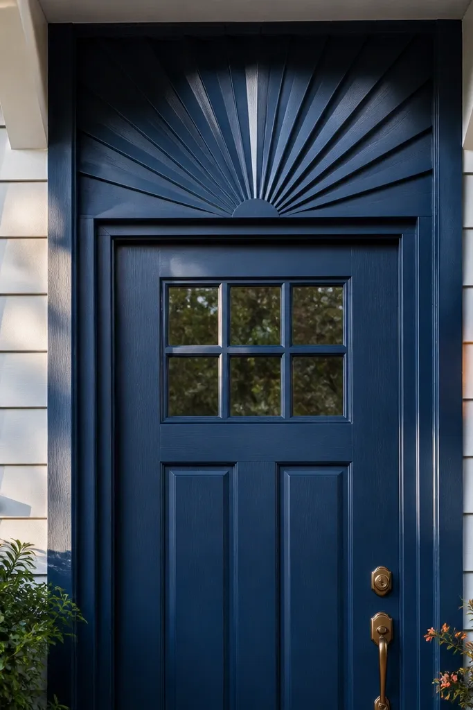 Sunburst trim fan above door with painted rays and a red door
