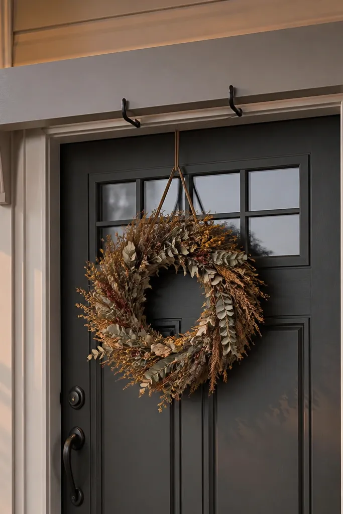 Door with a long top rail and two exterior hooks, painted to match trim