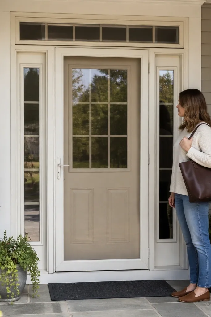 Storm door with a colored frame inside and a matching painted main door