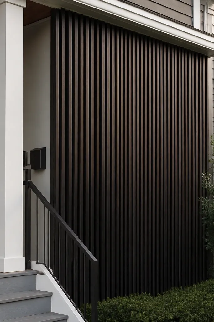 Front facade with evenly spaced vertical wood slats over gray siding