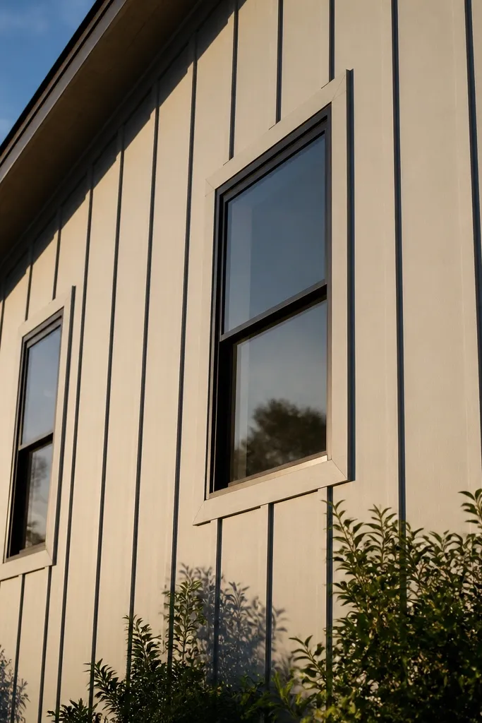 White board-and-batten facade with straight vertical battens and dark window trim