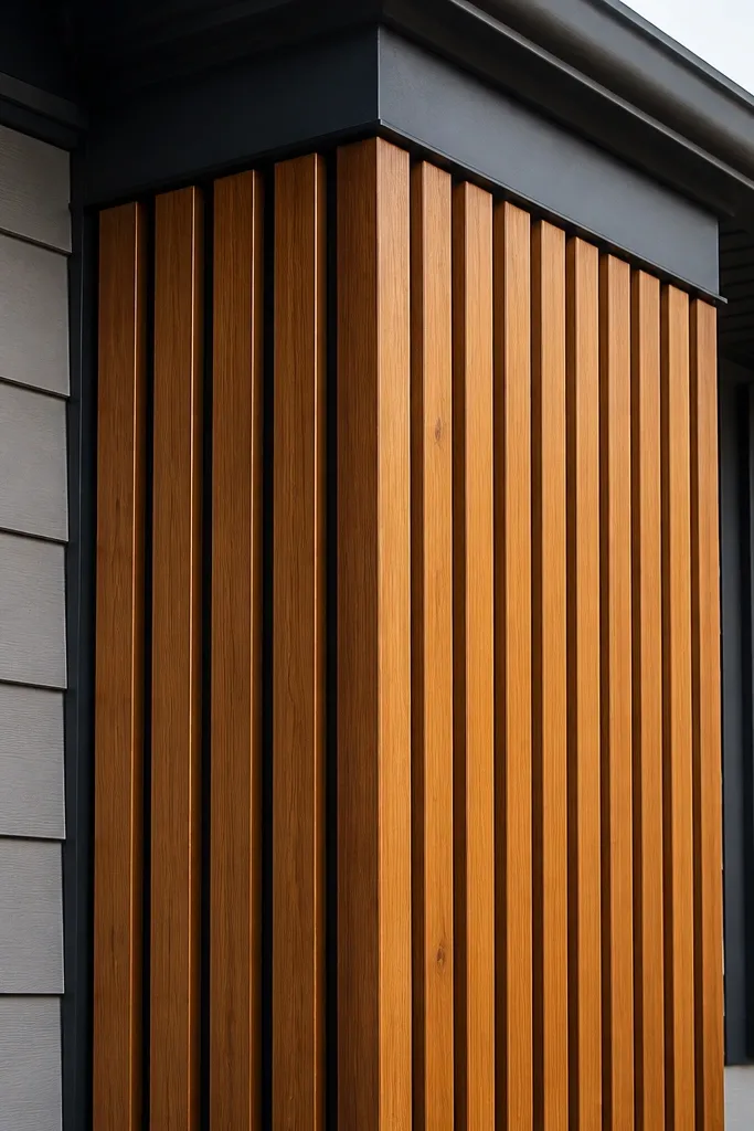 Cedar-tone vertical fins with thin black gaps around windows and facade edges