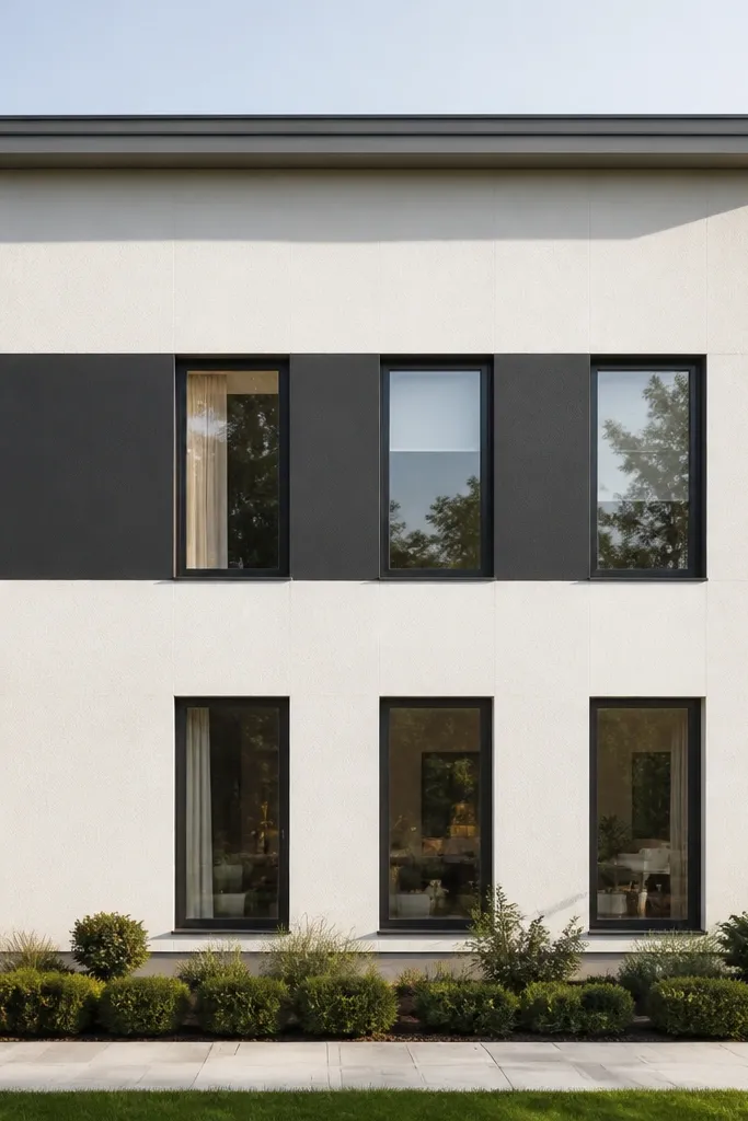 Light stucco-look facade with a dark horizontal band framing the windows