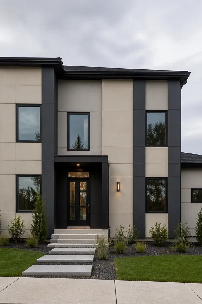 Charcoal vertical accent boards on a light cement board facade
