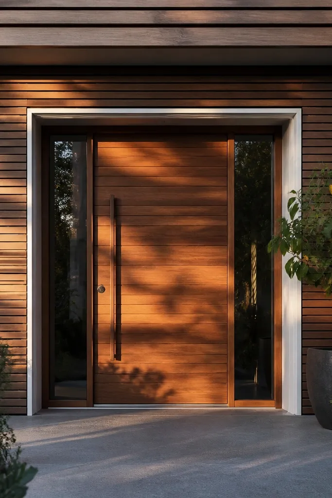 Horizontal wood slats under an entry porch with simple modern trim