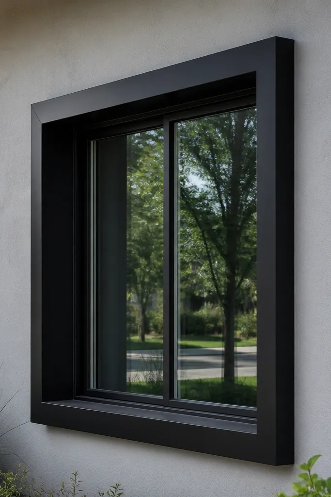 Windows framed by deep white trim creating a box shadow effect