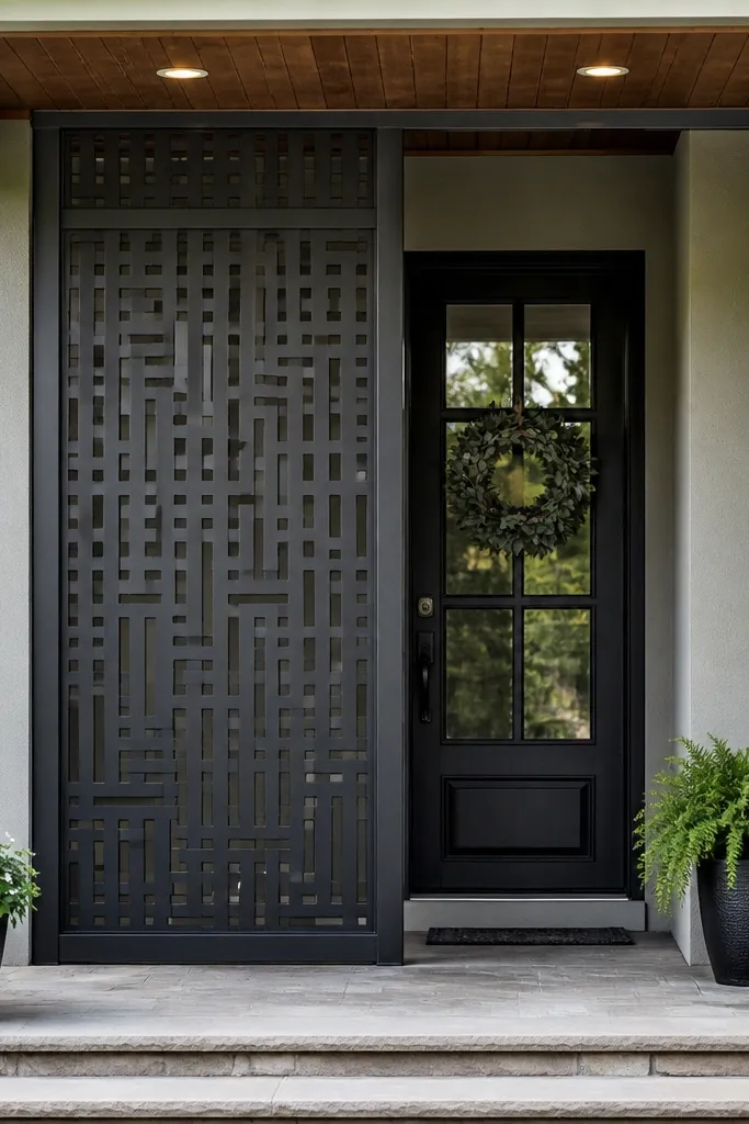 Matte black framed entry with simple metal panels behind the porch screen