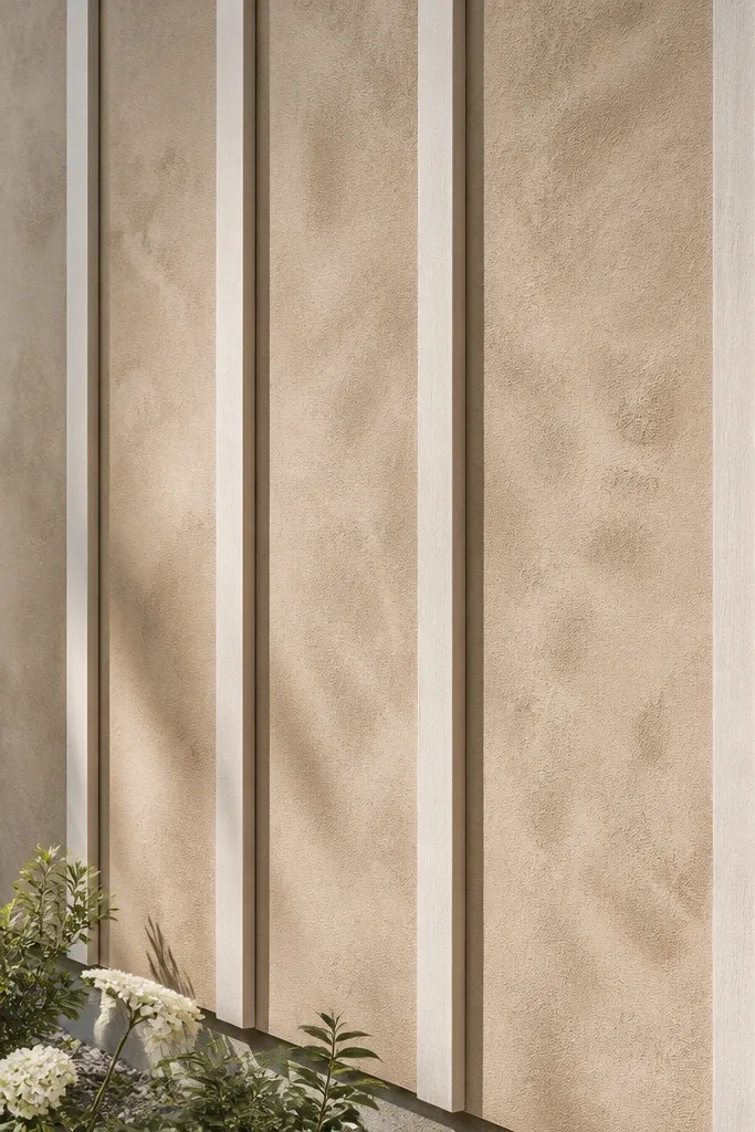 Light limewash wall with darker vertical battens and crisp shadows around them
