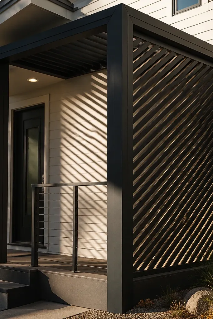 Modern facade with a rectangular frame and angled slats creating a geometric pattern