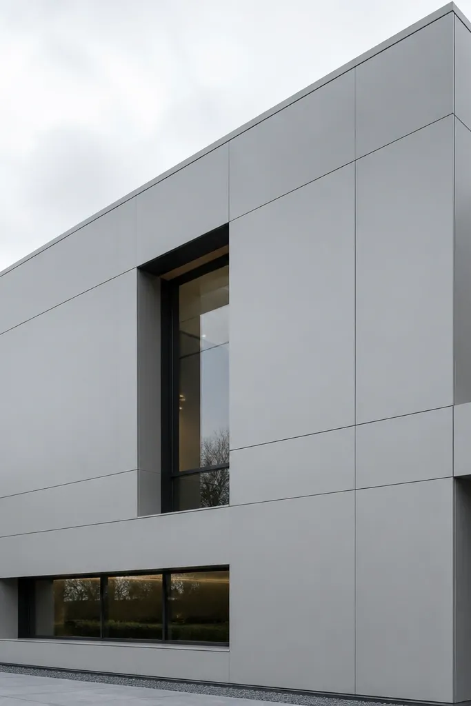 Clean monolithic facade with smooth panels and narrow shadow lines at seams