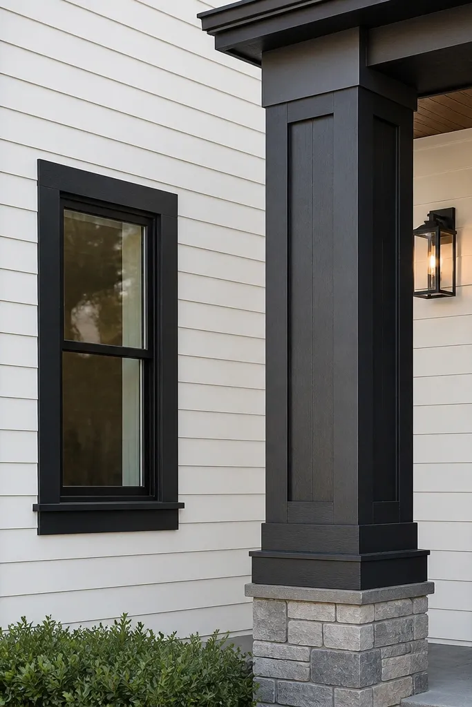 Modern entry with wrapped columns and crisp corner trim on a light facade
