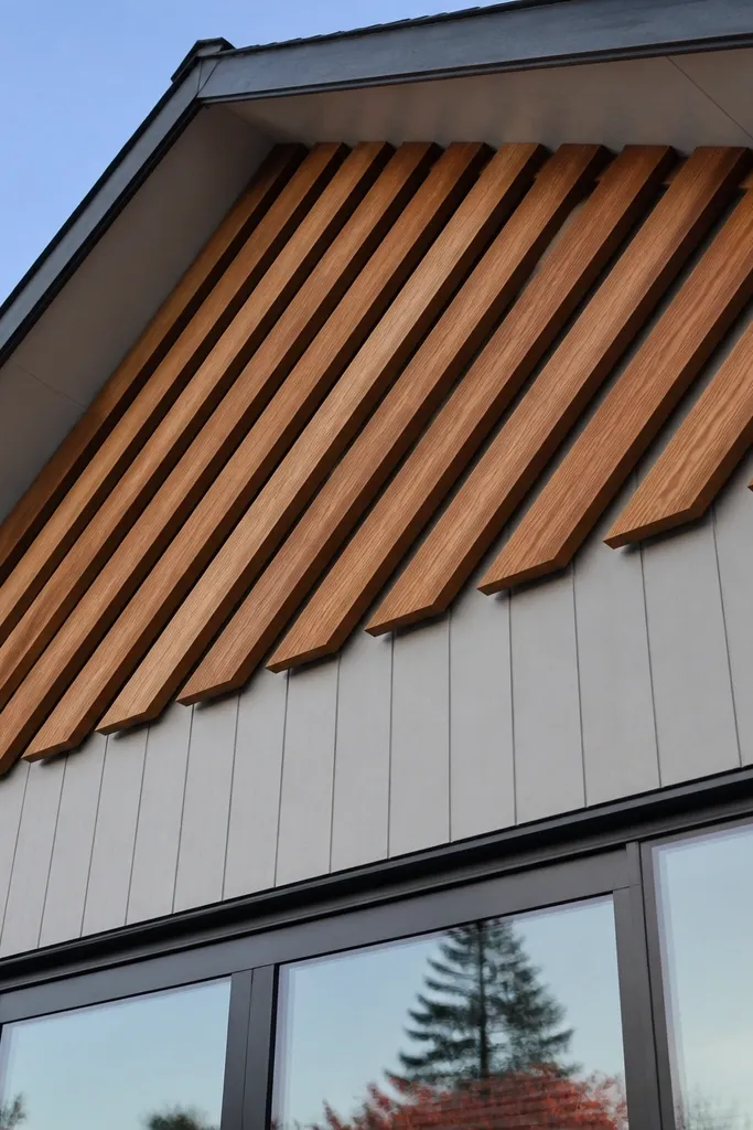 Modern siding with a gable accent made of raked wood slats in a dark finish