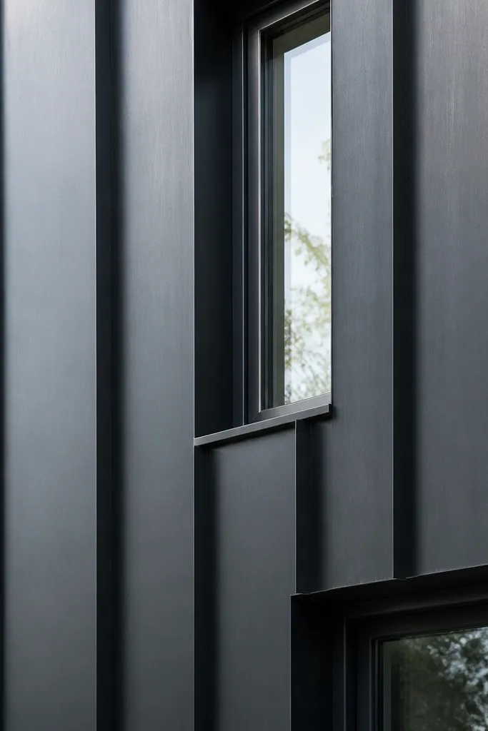 Dark metal facade with recessed vertical channels creating a modern grid