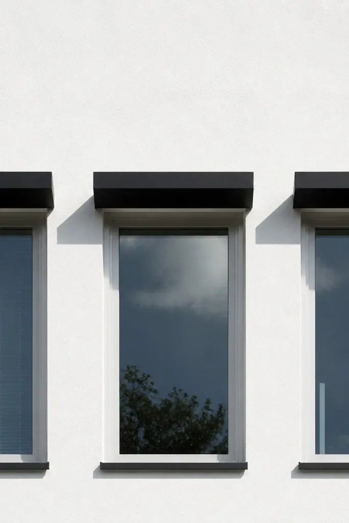 White facade with black horizontal fin strips aligned above windows