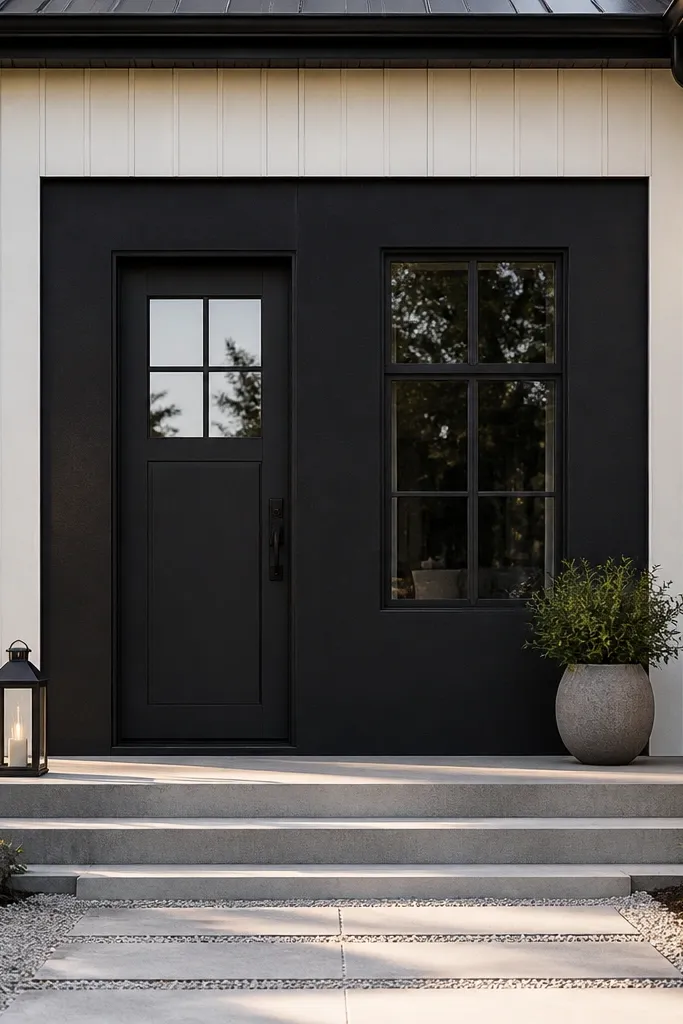 Dark accent wall around the entry door contrasted with light siding